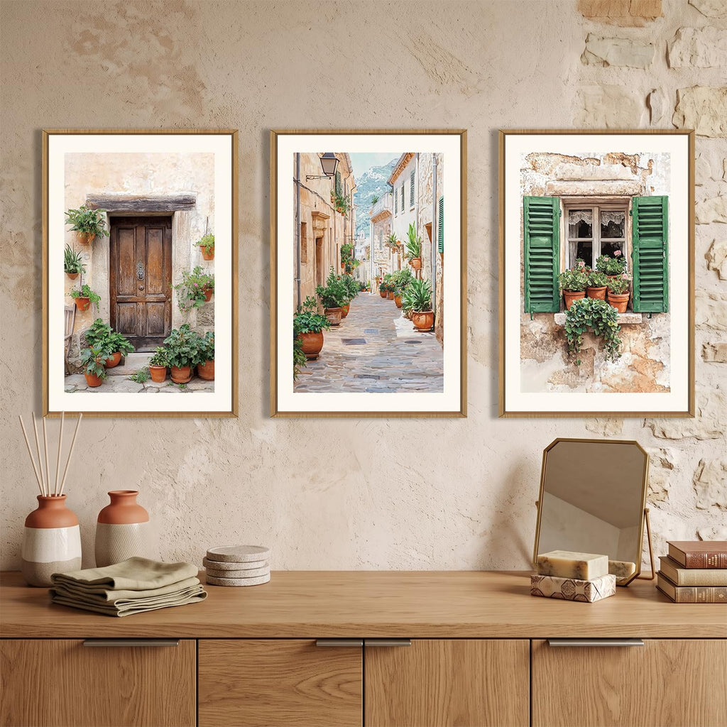 Large Vintage Italy City Framed Canvas Wall, Nature Italian Landscape Wall Decor, Modern Europe Street