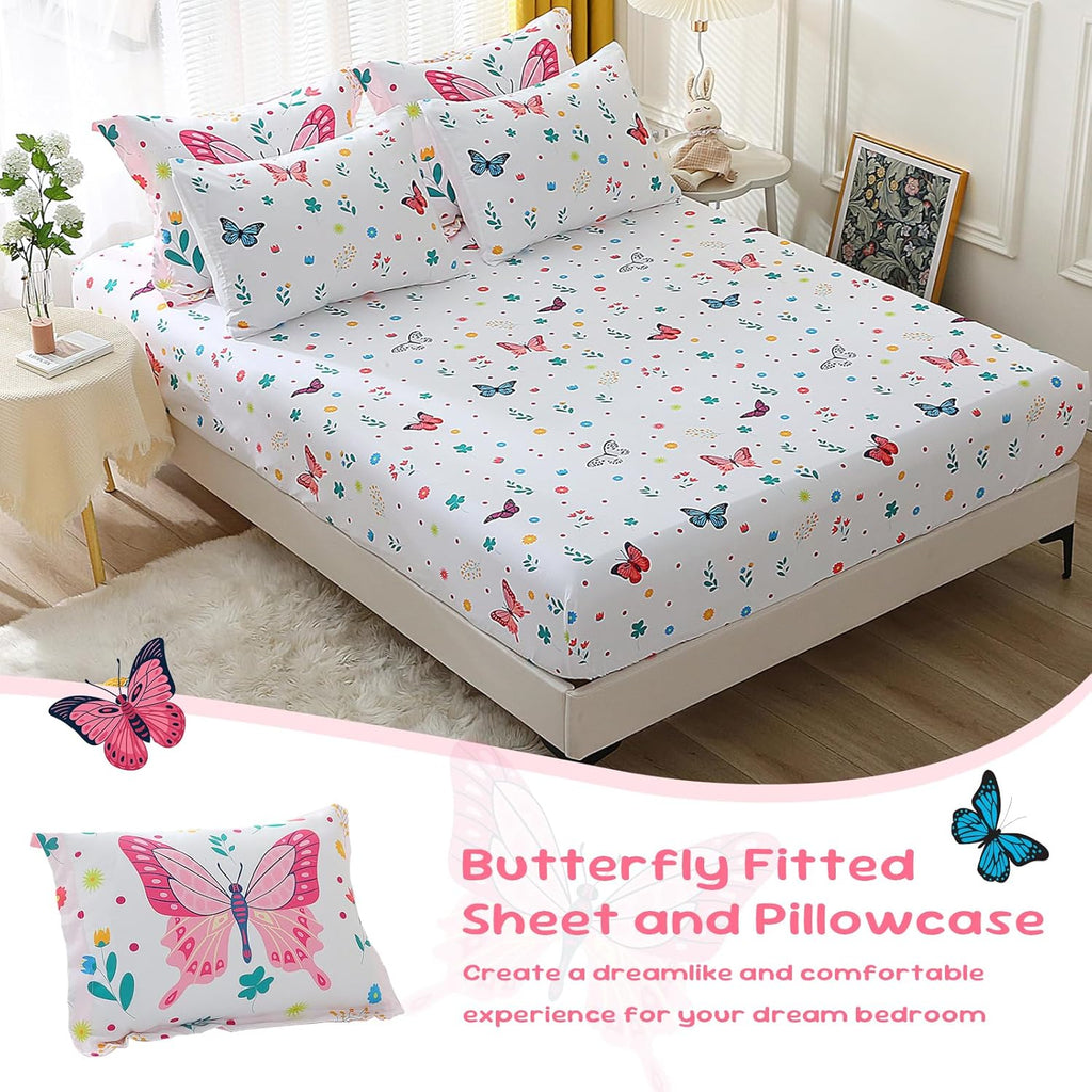 Girls Butterfly Comforter Set Full 7 Piece Bed in A Bag Colorful Flowers Leaves Bedding Set for Kids Teens Super Soft