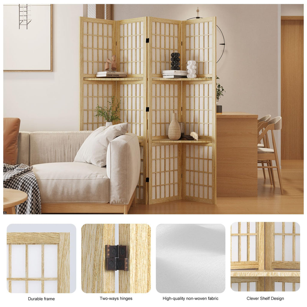 Room Divider with Shelves, 66.9-Inch Tall Japanese Shoji Style Wood Screen with Double Hinges Bedroom Hotel