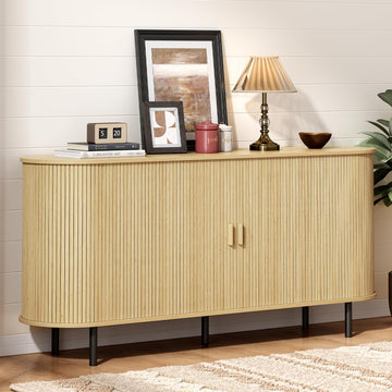63" Sideboard Buffet Cabinet, Sliding Door/Adjustable Shelf, Oak