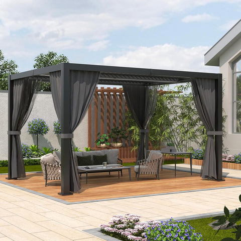 Outdoor Louvered Pergola 10' x 13', Aluminum Pergola with Adjustable Roof, Waterproof Metal Gazebo with Curtains and Netting for Patio, Backyard, Garden, Deck (Black)