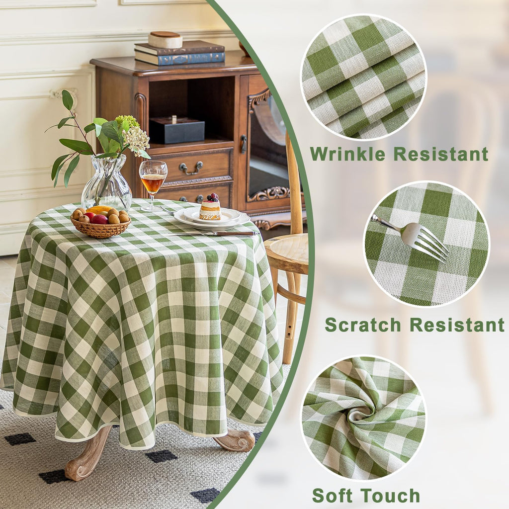 Green Gingham Round Tablecloth 60 Inch, Spring Checkered Circle Table Cloth Washable Wrinkle Free, Cotton Linen