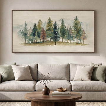 Large Framed Watercolor Pine Tree Forest Wall Art, 60x30 In