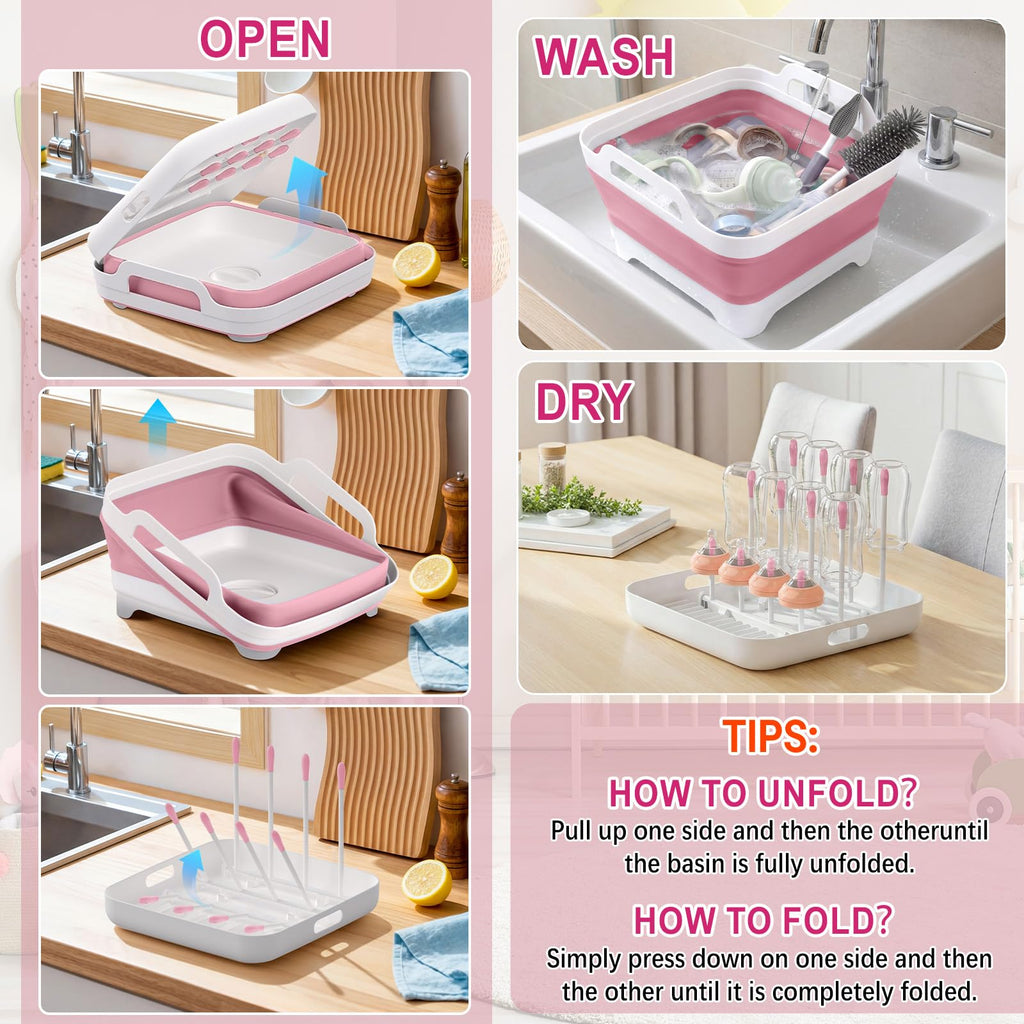 Collapsible Baby Bottle Wash Basin w/Drying Rack & Drain Plug, Pink