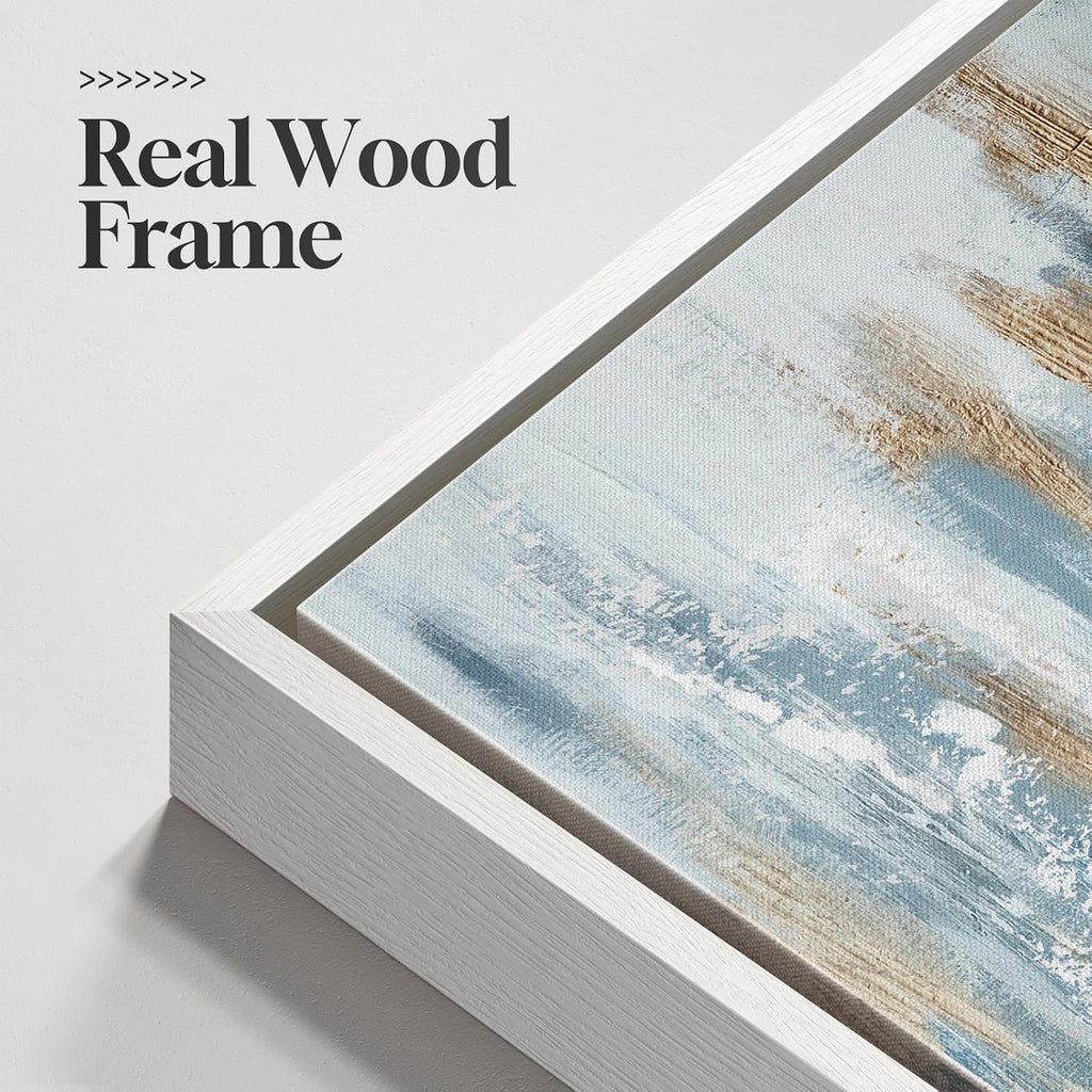 Large White Framed Blue and Gold Abstract Canvas Wall Art, 2 Piece Modern Minimalist Prints Paintings Artwork