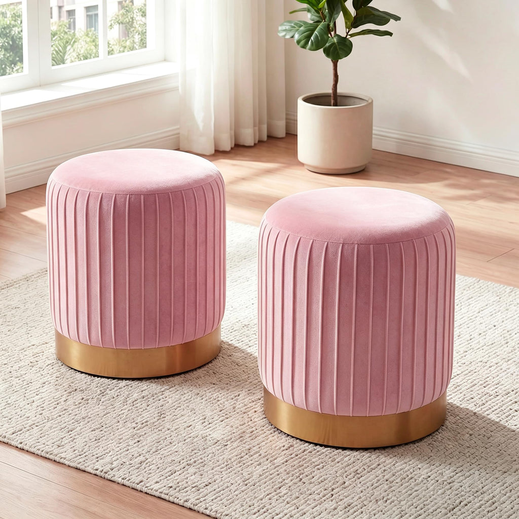 Round Velvet Ottoman, 16.5" H Footrest Stool (Pink, 1PC)