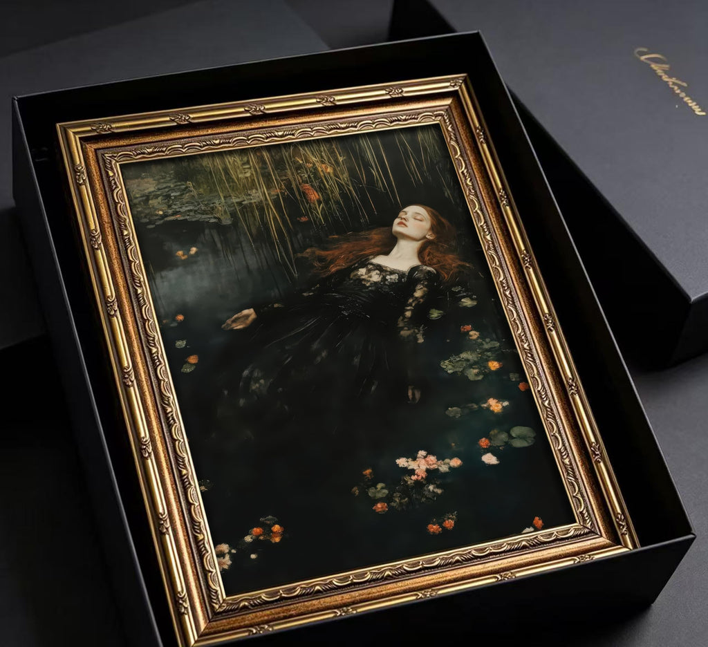 Vintage Gold Framed Ophelia Wall Art, Victorian Gothic Oil Painting Canvas Print, Classic Dark Academia Aesthetic Wall
