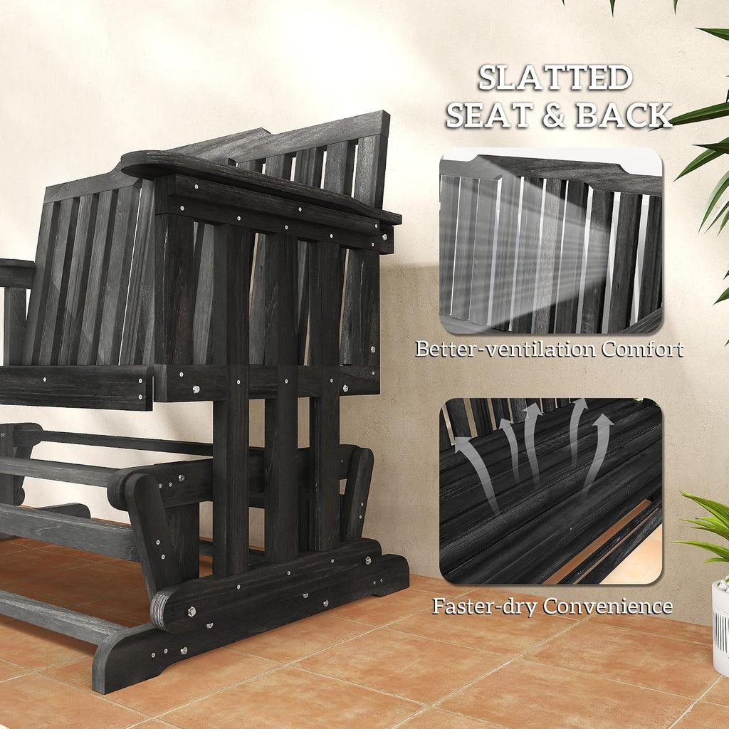 2-Person Patio Swing Glider Bench with Quick Drying Design Black | Wide Armrest, Wooden Patio Glider Bench, Rocking