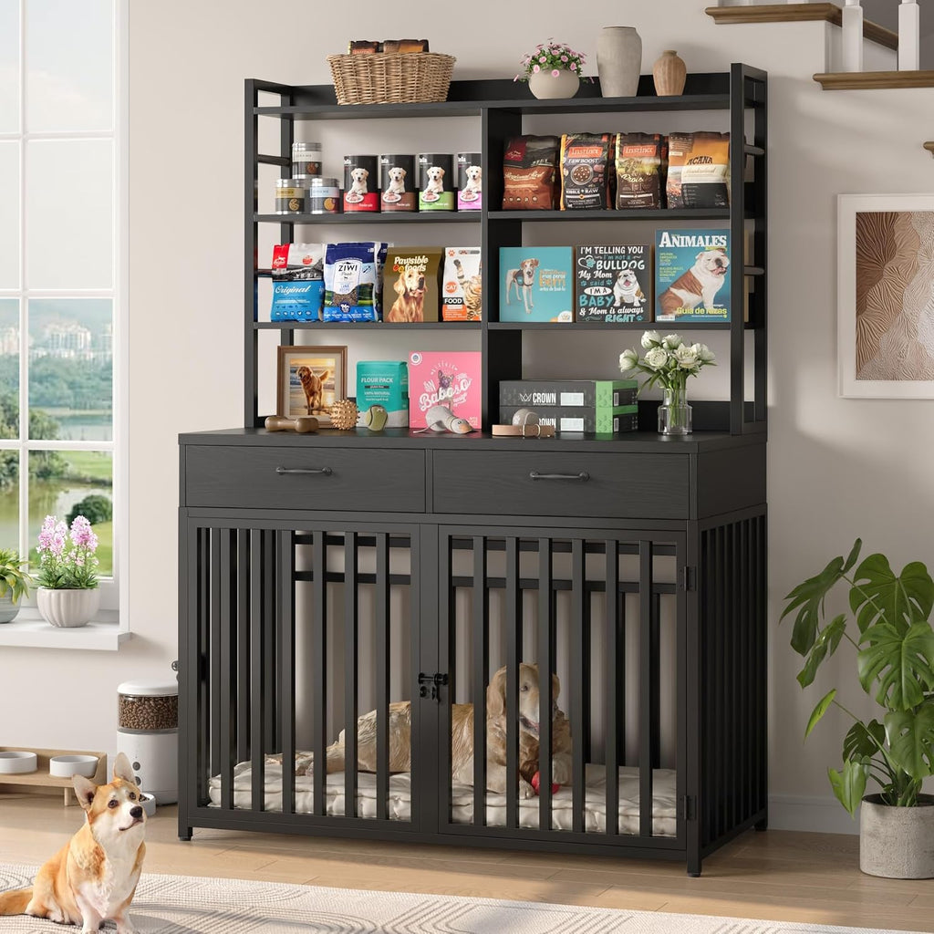 Large Dog Crate Furniture with 4-Tier Shelves and 2 Storage Drawers, Heavy Duty Dog Cage Furniture