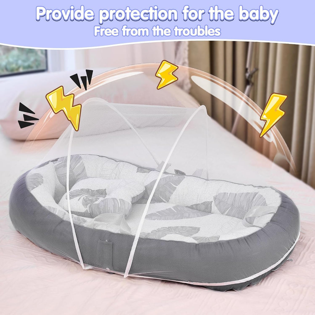 Portable Baby Lounger with 4 Toys,Infant Lounger with Fitness Rack, Breathable & Soft Cotton Newborn Lounger
