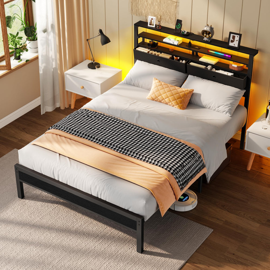 Full Size Bed Frame with Headboard & 2 Fabric Drawers, Black Oak