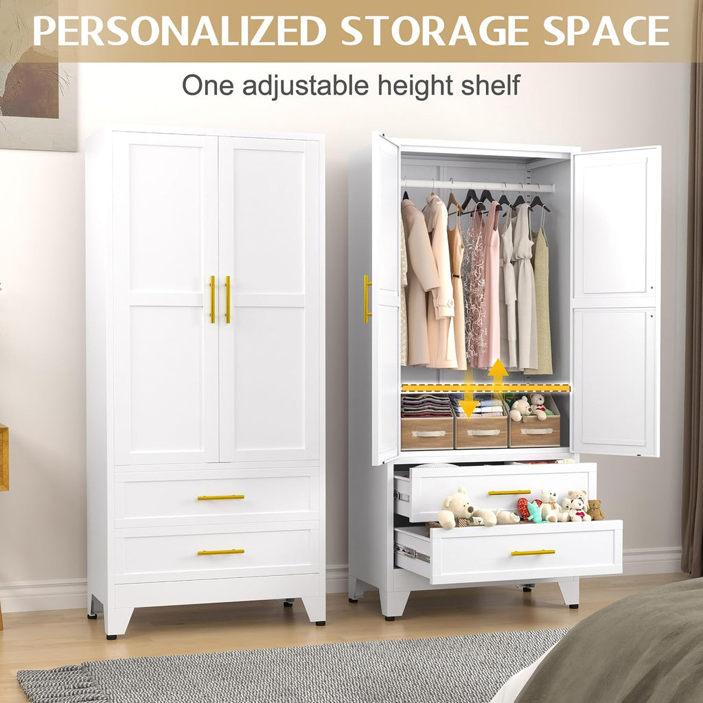 Metal Wardrobe Cabinet with Hanging Rod, Clothing Storage Cabinets | with 2 Door, 1 Adjustable Shelf and 2 Drawers