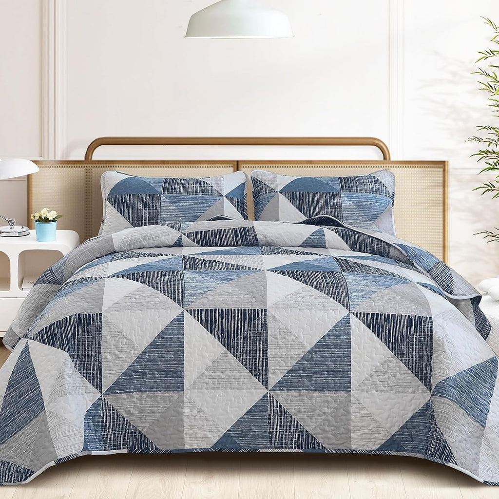 Quilt Queen Blue, 3 Pieces Patchwork Bedspread Bedding for Queen Bed, Soft Lightweight Microfiber Geometric Coverlet