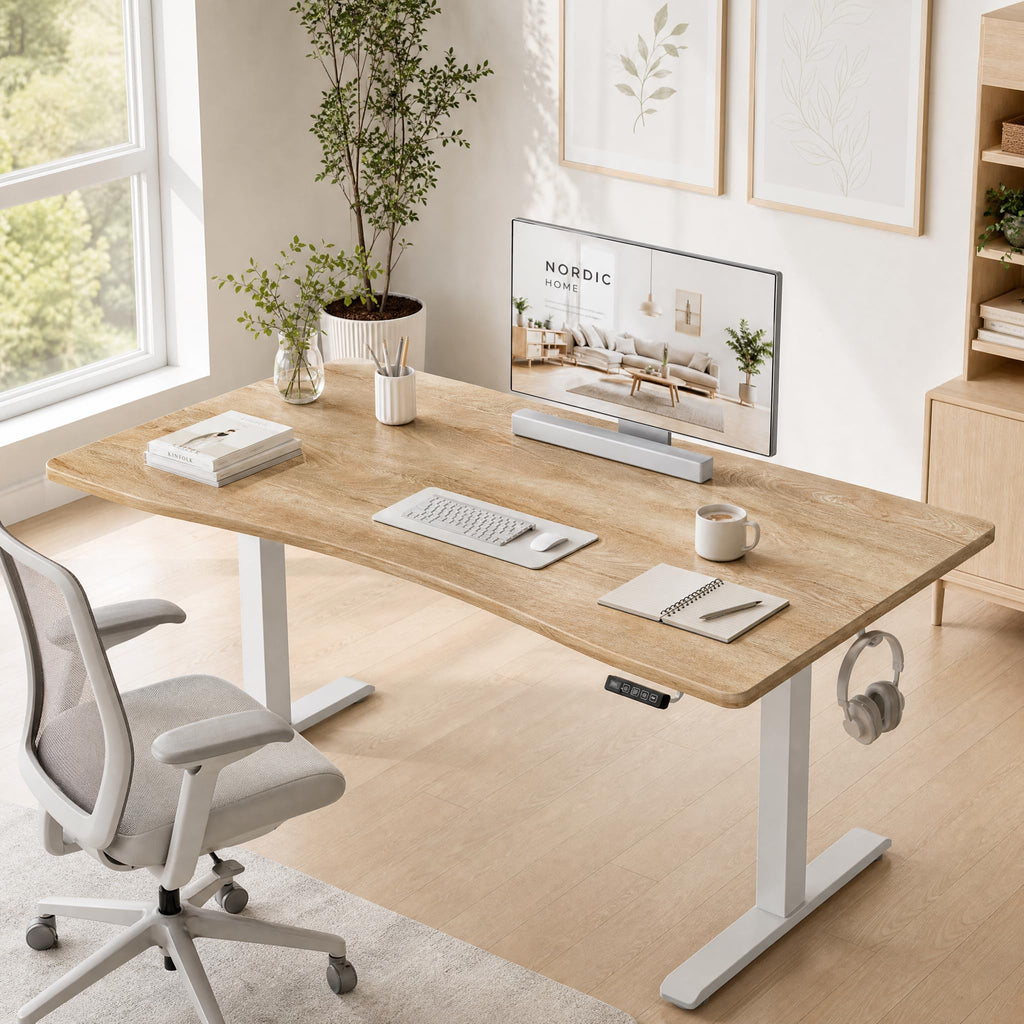 63x32 Electric Standing Desk, Curved Oak Desktop