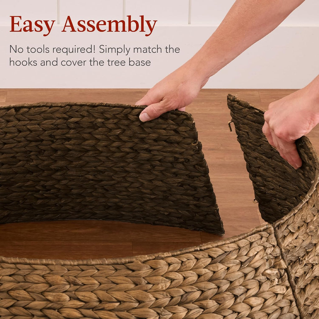 24in Christmas Tree Collar, Woven Hyacinth 3-Piece Holiday Rattan Tree Skirt Accessory w/Cord Cut-Out - Chestnut