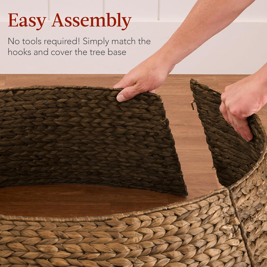 42in Christmas Tree Collar, Woven Hyacinth 4-Piece Holiday Rattan Tree Skirt Accessory w/Cord Cut-Out - Chestnut