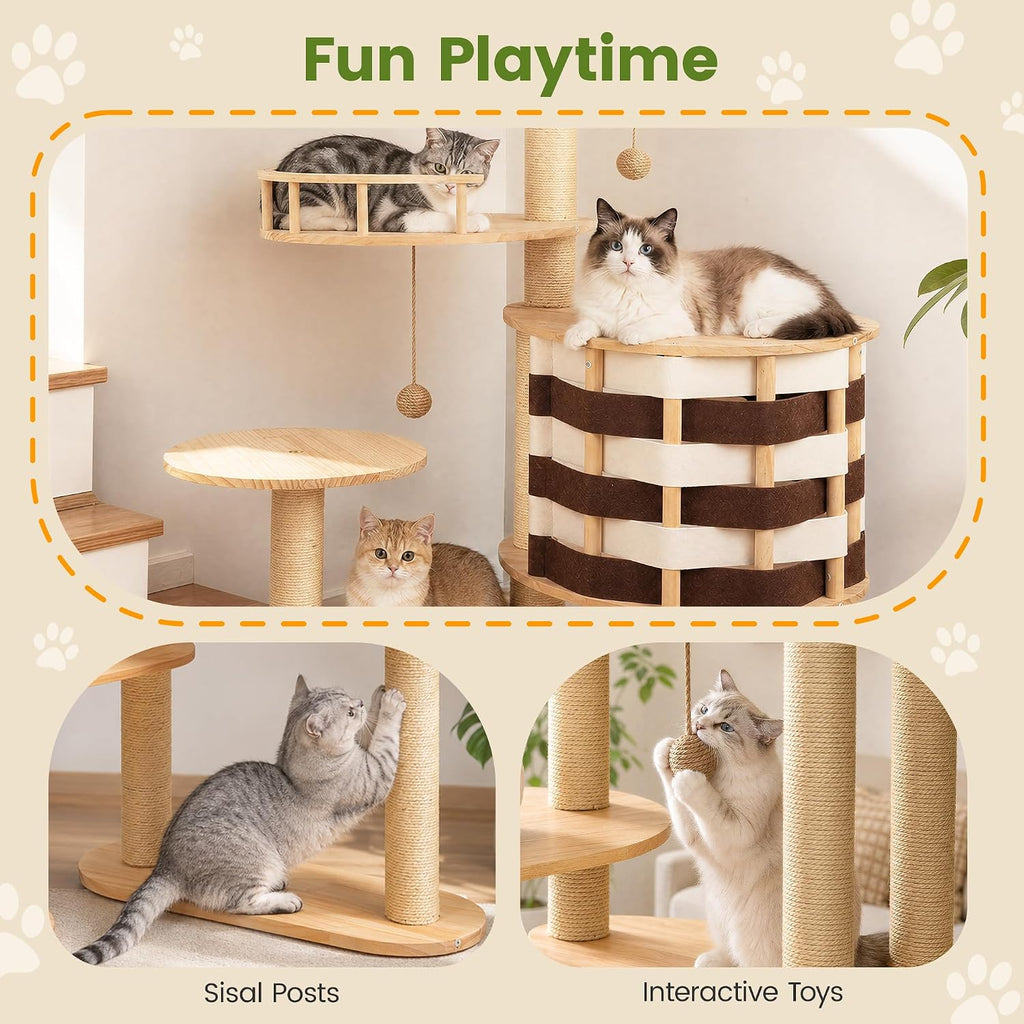 48 Inch Chessboard Solid Wood Cat Tree, Modern Cat Tower for Indoor Cats
