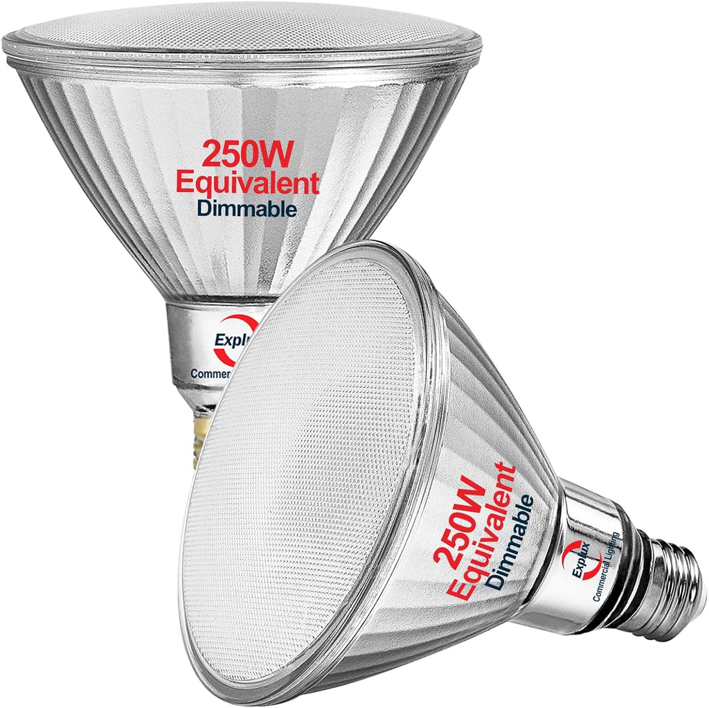 Full Glass PAR38 Outdoor Flood Light, 250W Equivalent, 5000K, 2-Pack | Best-in-Class 3300 Lumens, Full Glass Outdoor