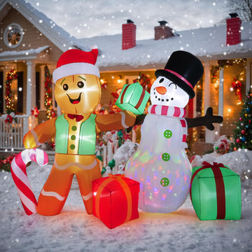 6FT Christmas Inflatables Outdoor Decorations, Giant Gingerbread Man & Snowman with Built-in Rotating LED Lights