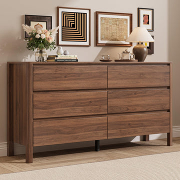 Walnut 6 Drawer Dresser, 55"Wide Modern Wood Dresser