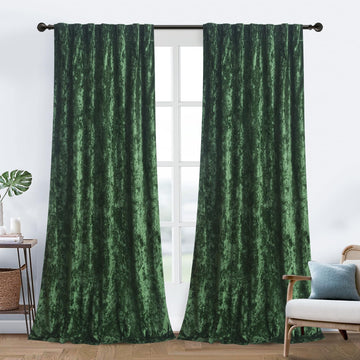 Lux Forest Green Crushed Velvet Curtains, 2 Panel Set, Room Darkening Distressed Velvet Back Tab Curtain, 52" W x 84"