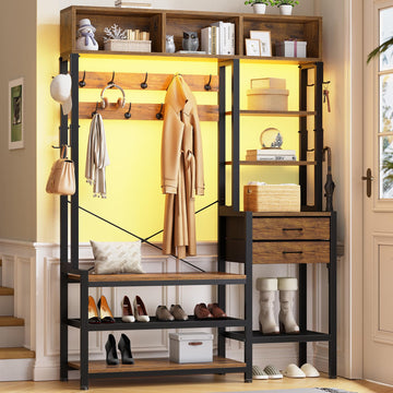 Hall Tree with Bench and Shoe Storage, 7-in-1 Entryway Bench with Coat Rack, 3 Storage Cubbies, 3 Open Shelves, 17