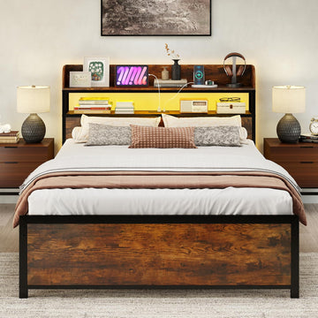 Bed Frame with Storage Headboard, Metal Platform Bed w/LED Light & Charging Station, Heavy Duty Slat
