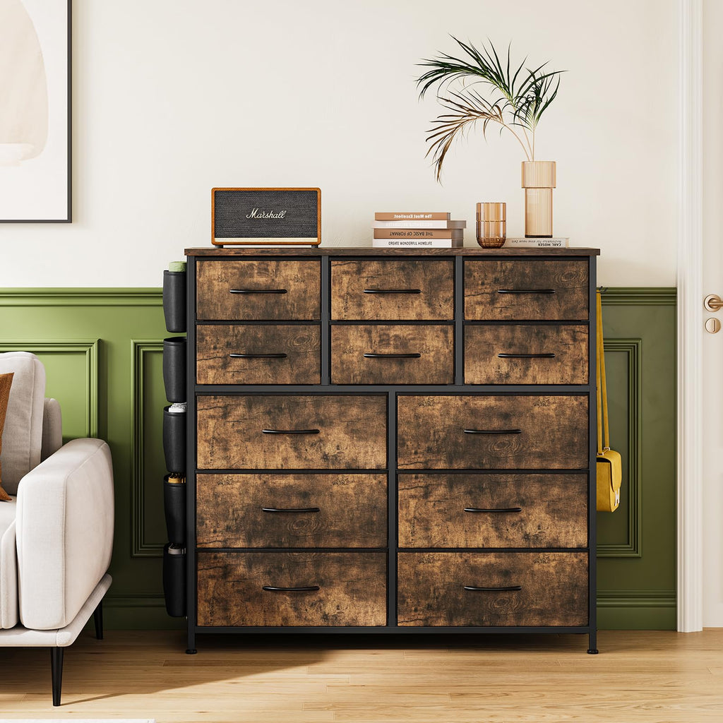 12, Chest of Drawers with Side Pockets and Hooks, Fabric Storage, Sturdy Steel Frame, Wood Top, Easy Pull Handle