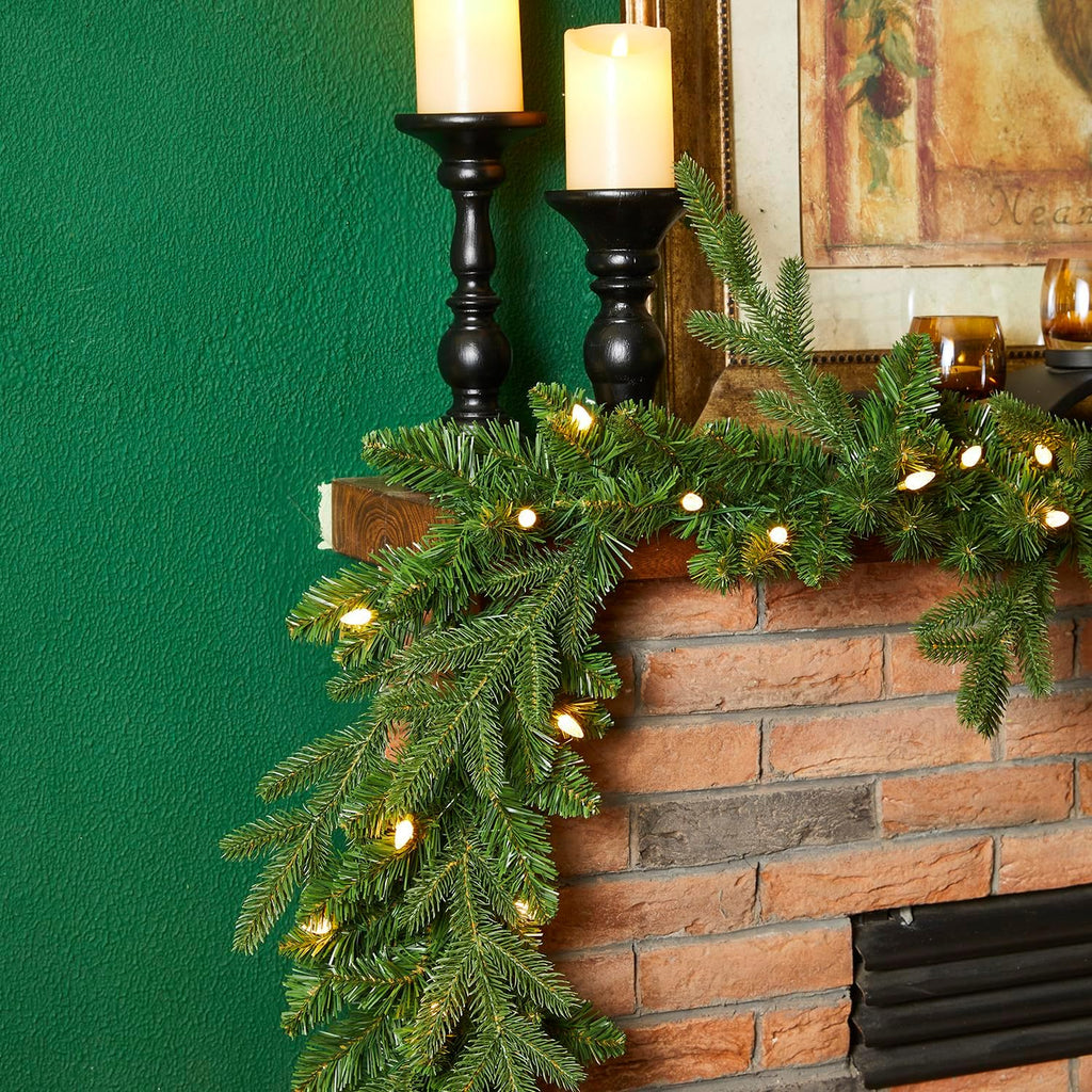 Christmas Garlands with Lights, Set of 2 9ft Pre-Lit Garlands with 50 C4 Strawberry LED Lights and Timer for Mantle