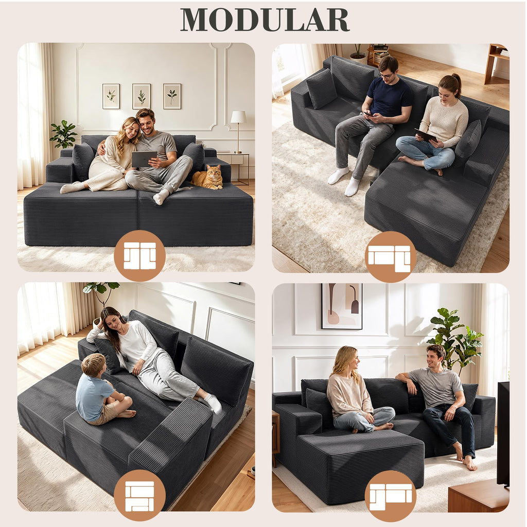 98" Cloud Sectional Boneless Couches, Modular L Shaped Sofa with Left Facing Chaise, Dual-Layer Foam, Corduroy