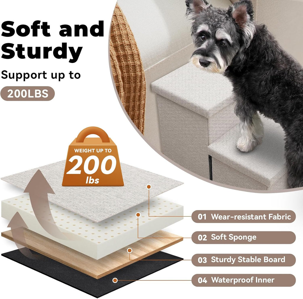Dog Stairs with Storage, Beige 3 Steps Dog Ramp with Condo for Bed