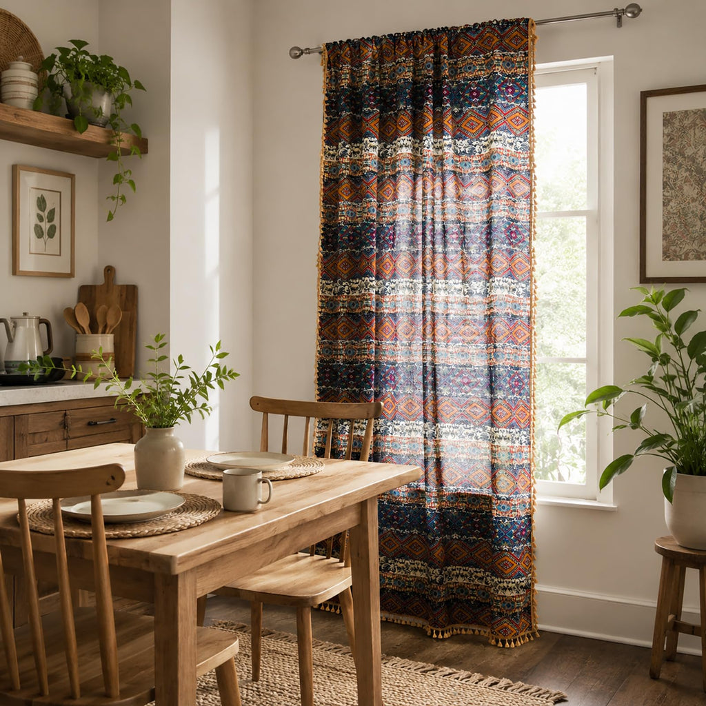 Boho Geometric Linen Textured Tassel Curtain, 59 x 63, 1 Panel