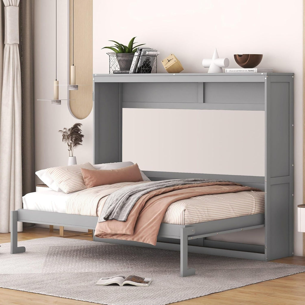 Full Murphy Bed with Storage Shelf, Wood Murphy Bed Cabinet for Home Office Studio, Can Be Folded into a Cabinet, No
