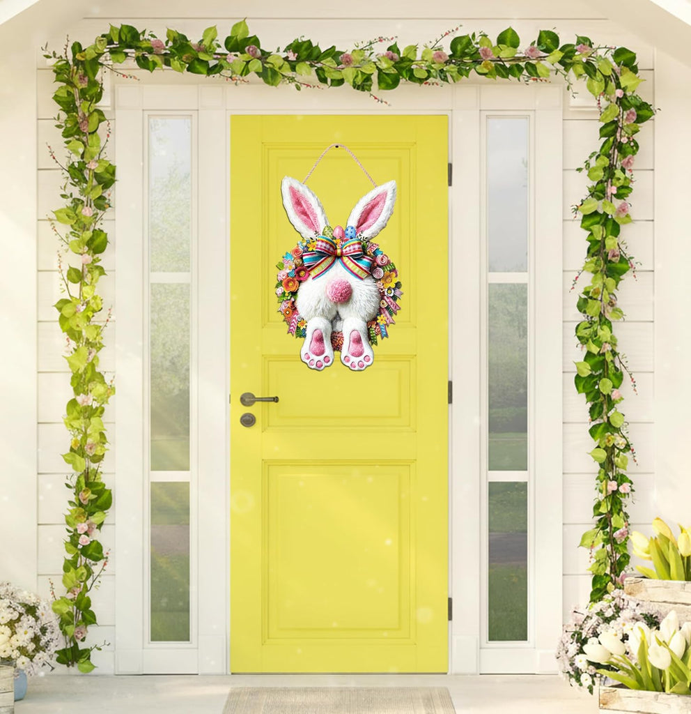 Easter Decoration Wooden Door Wreath for Front Door Sign Cute Bunny Wooden Door Hanger Rabbit Spring Decoration, Cute