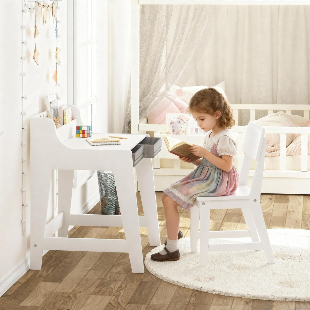 Wooden Kids Desk and Chair Set with 2 Fabrics Drawers for Study Room