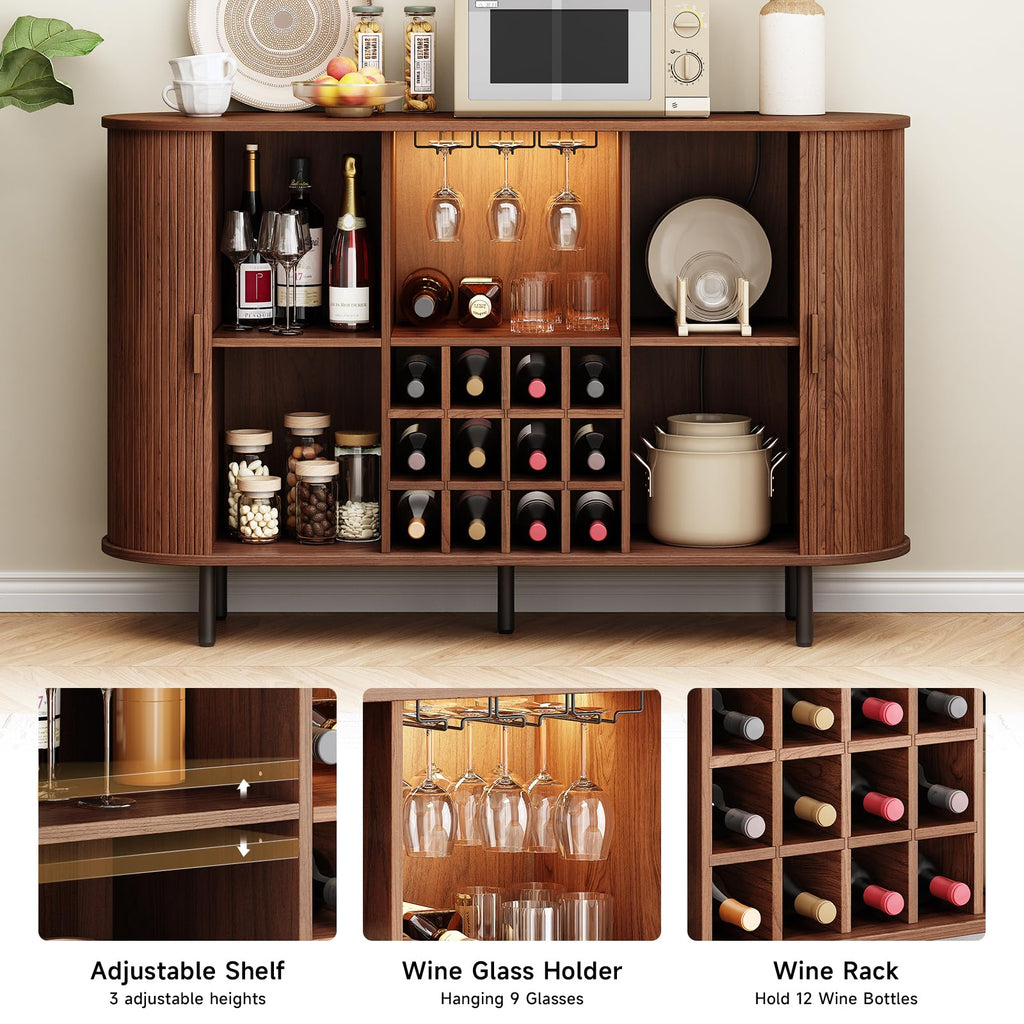 55" Fluted Wine Bar Cabinet with LED Light Walnut