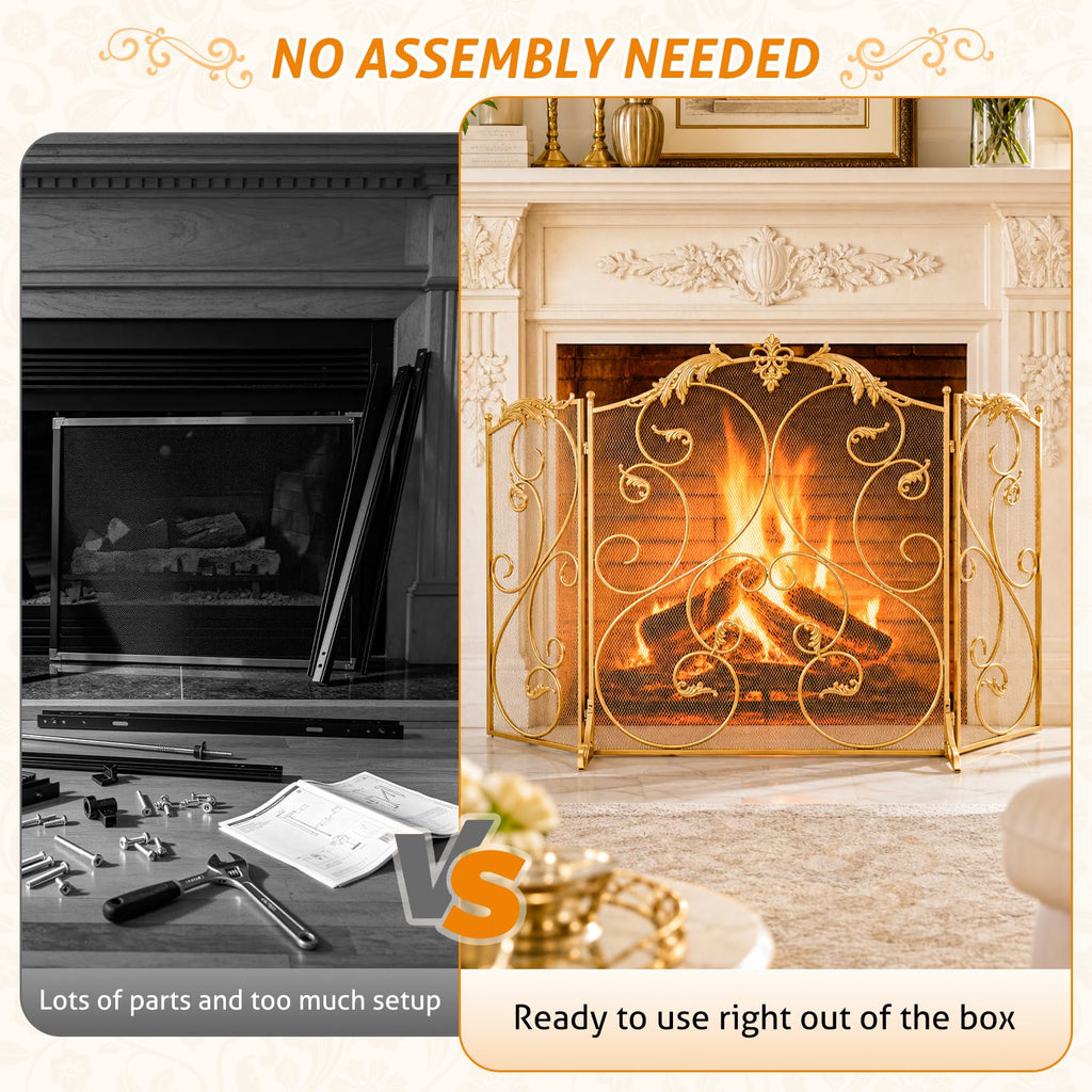 Fireplace Screen Gold 50x32 Inch Folding 3 Panel Fireplace Screen