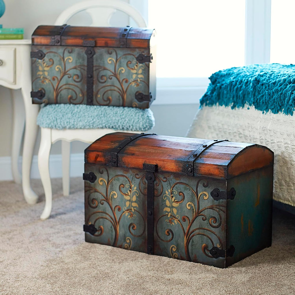 Vintage Wood Storage Trunk, Large, Blue Body/Brown Lid/Floral Design