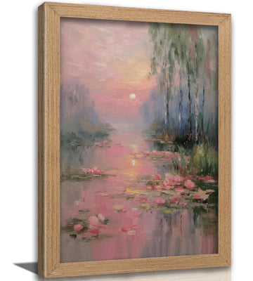Framed Pink Water Lilies Wall Art, Impressionist Lotus Pond Oil Painting Canvas Prints, Serene Sunset Landscape Wall
