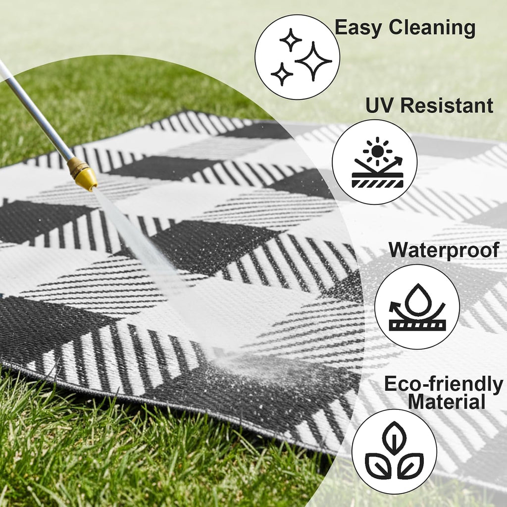 Reversible Waterproof Outdoor Rug, Black & White Checkered