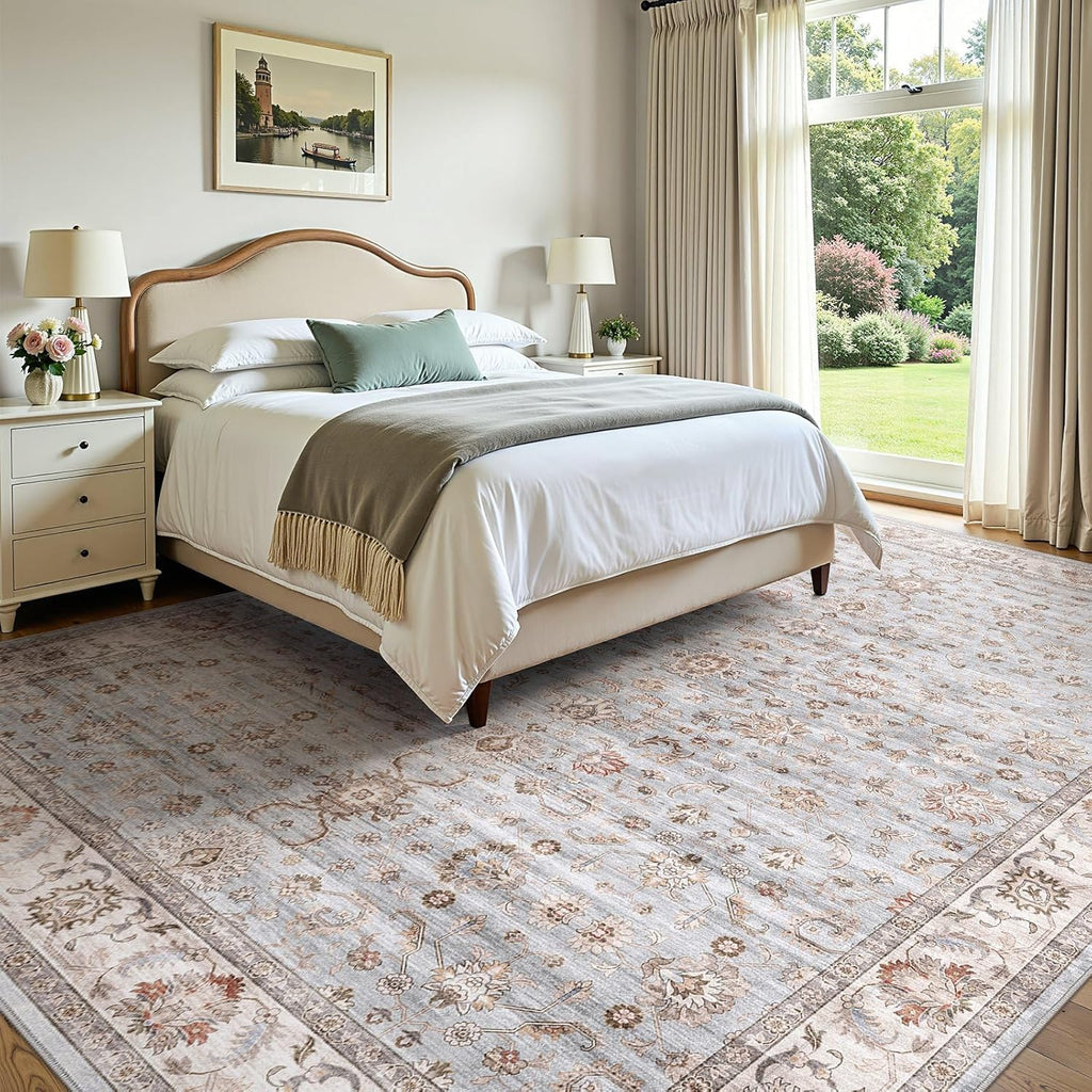 10x14 Area Rugs for Living Room: Machine Washable Non Slip Vintage Carpet - Low Pile Lightweight Pri