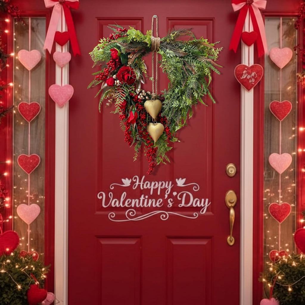 Vintage Spring Wreath 14'' Heart Wreath with 3D Heart Ornaments for Front Door 24'' Long Window Porch Home Wedding