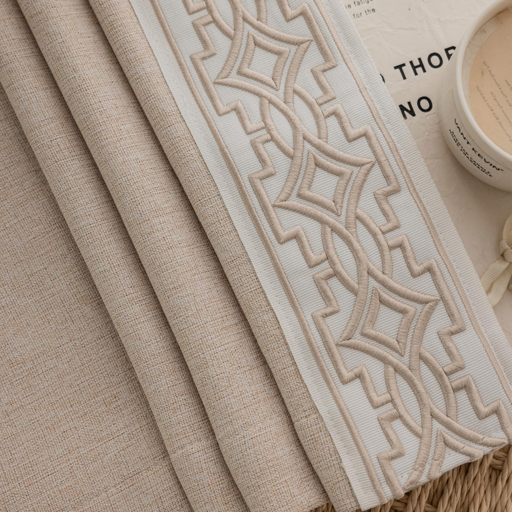 Luxury Pinch Pleat Blackout Curtains - Textured Embroidery Trim, Soft Beige, Linen Blend, Memory Trained (50" W x 90"