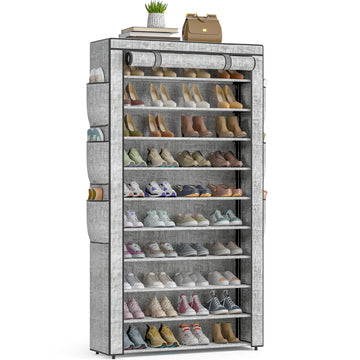 Shoe Rack Dustproof Sturdy 10Tier Tall Large Storage with Side Pocket