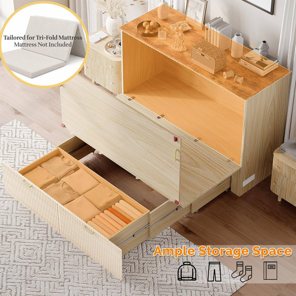 Twin Murphy Bed with Storage Drawer, Fluted Wooden Foldable Bed Cabinet with Charging Station, Boho, Hideaway Paltform