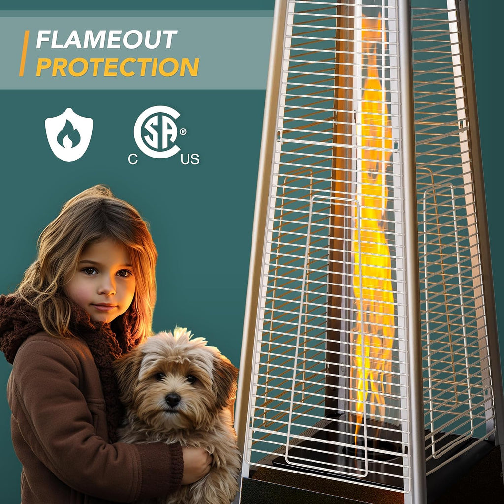 Patio Heater, 48,000 BTU Pyramid Flame Outdoor Heater with Cover, Quartz Glass Tube, 87" Hammered Bronze Tower
