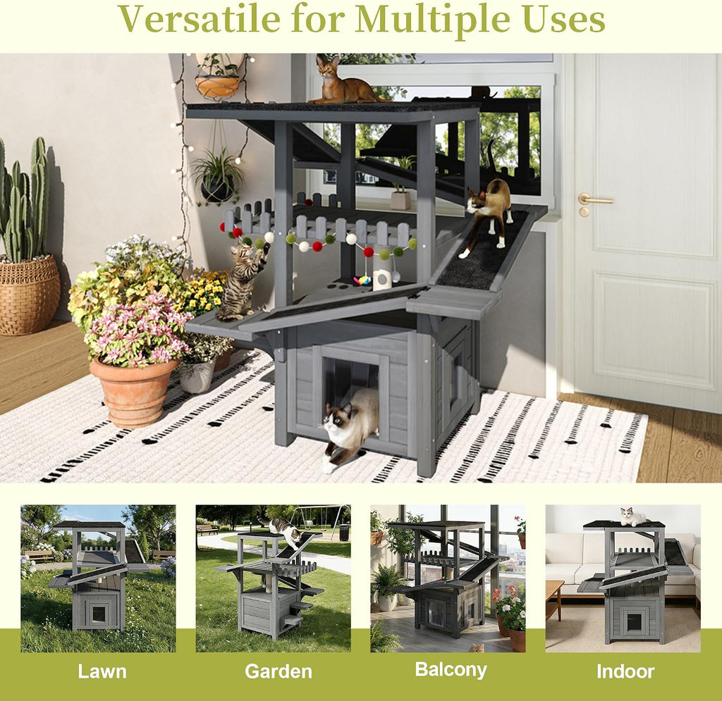4 Tiers Outdoor Cat House, Weatherproof Wood Cat Tree Tower with Waterproof Roof and 2 Doors, Cat Climbing Tower