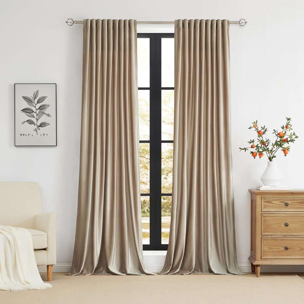 100% Full Blackout Champagne Beige Velvet Curtains 84 inch Long,Set of 2 Liner Rod Pocket Back Tab Thermal Window