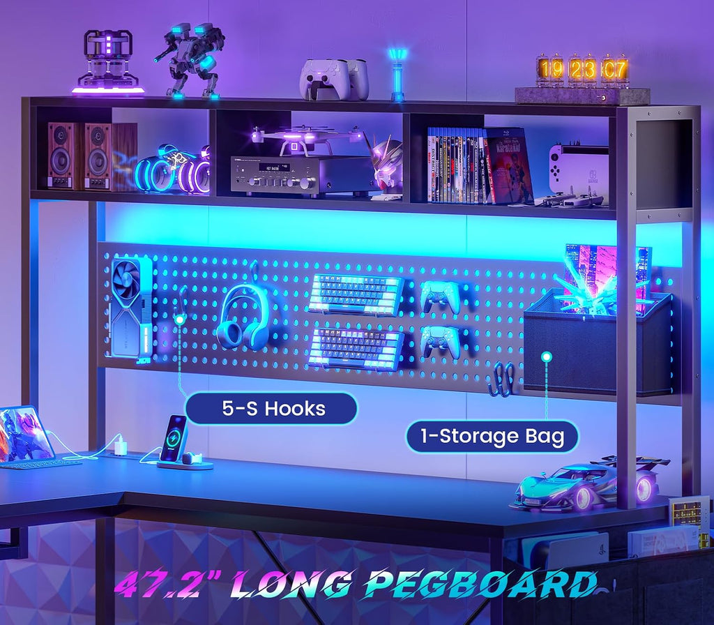 67" L Shaped Gaming Desk with Pegboard LED Lights and Power Outlet | Reversible Computer Desk with Keyboard Tray