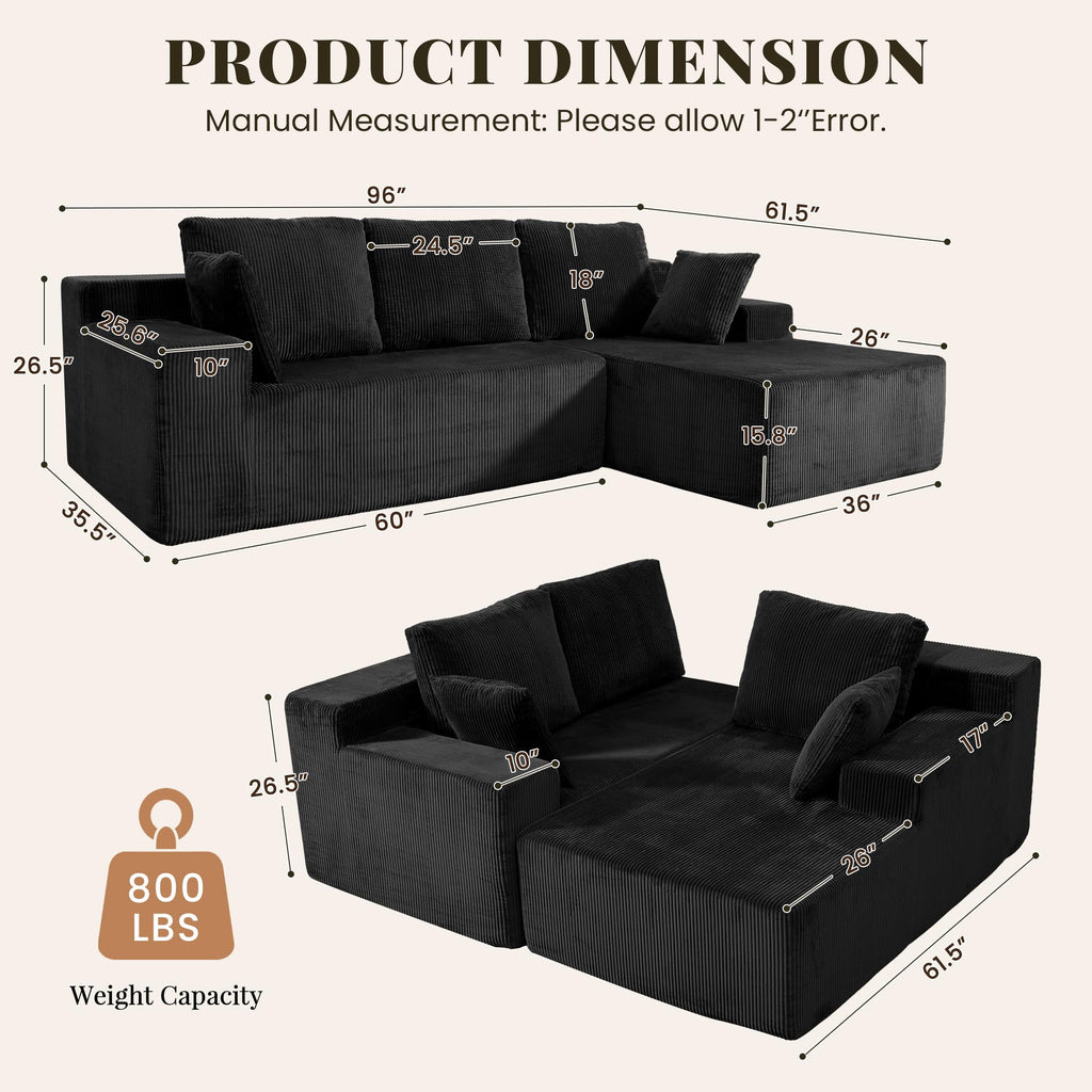 Cloud Sectional Boneless Couches, Modular L Shaped Couch with Deep Seat Oversized Right Facing Chaise, Memory Foam